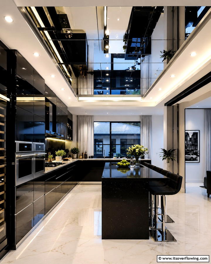 Mirror Panels for Reflective Elegance - 25 Beautiful Kitchen Ceiling Ideas to Elevate Your Space