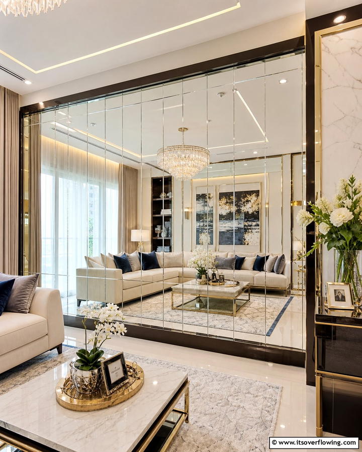 Mirrored Accent Wall - 30 Striking Living Room Accent Wall Ideas for Bold Style