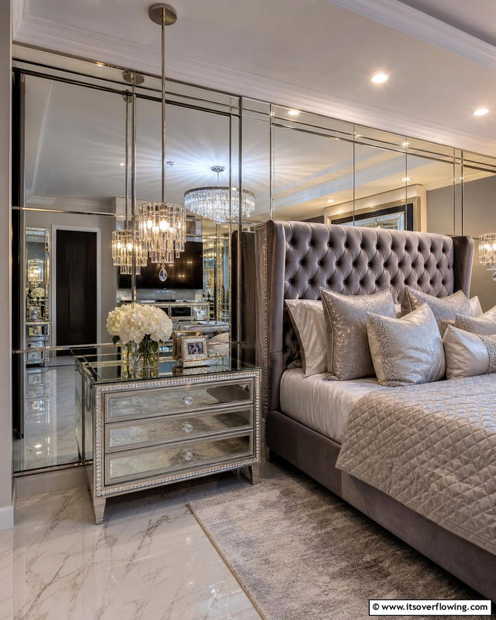 Mirrored Panels for a Luxurious Touch - 20 Mirror Behind Nightstand Design Ideas for Elegance