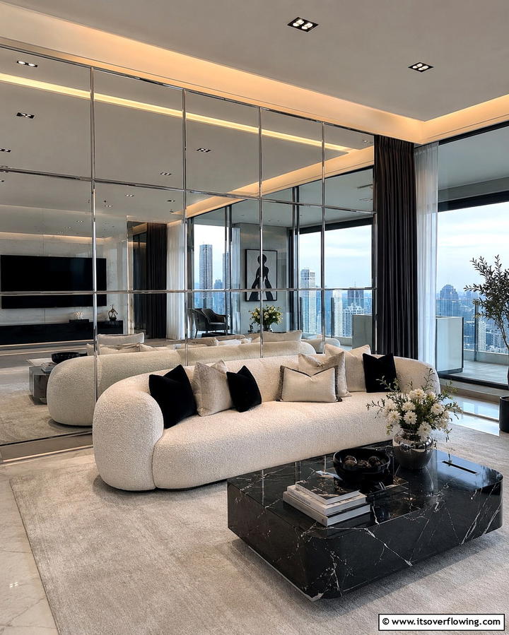 Mirrored Wall Panels - 25 Living Room Mirror Ideas to Brighten Your Space
