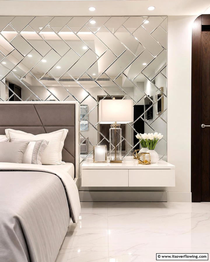 Mirrored Wall Tiles for a Contemporary Look - 20 Mirror Behind Nightstand Design Ideas for Elegance