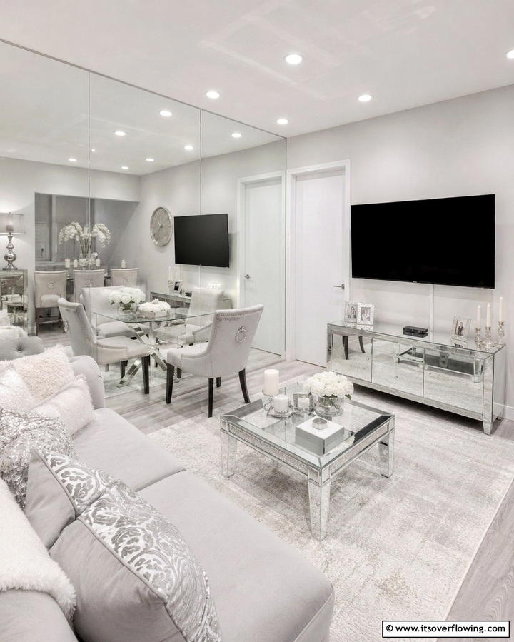 Mirrored Walls for Illusion of Space - 20 Small Living Room Ideas With TV and Dining Table