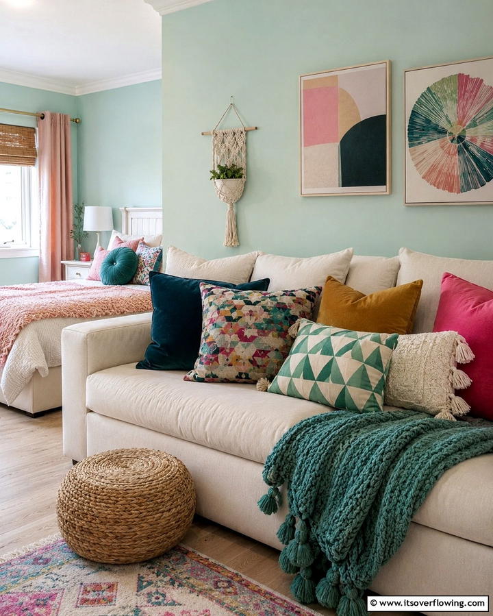 Mix and Match Throw Pillows - 30 Vibrant Boho Teen Bedroom Ideas for Creative Self-Expression