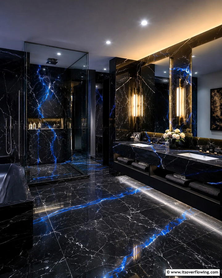 Mixed Black Marble with Blue Inlays - 30 Striking Black and Blue Bathroom Ideas for Dramatic Flair