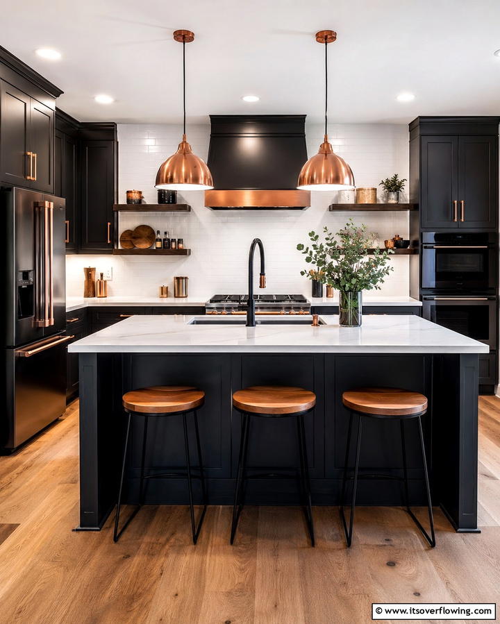 Mixed Copper and Black Fixtures for Cohesion - 25 Black and Copper Kitchen Ideas for a Bold Look