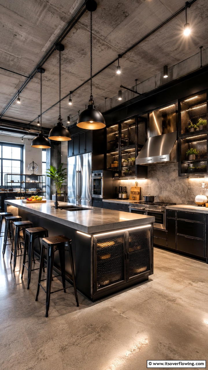 Mixed Material Black and Metal Cabinets - 30 Black Kitchen Cabinet Ideas for Bold Modern Spaces