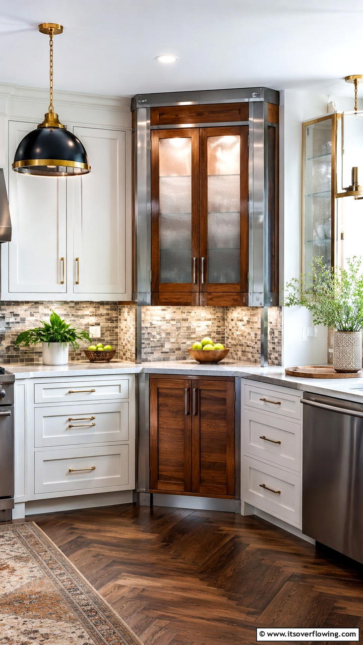 Mixed Material Cabinet Accents - 30 Corner Cabinet Ideas to Maximize Storage in Any Room