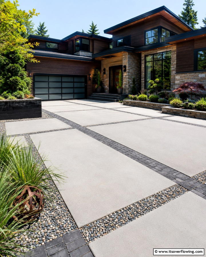 Mixed Material Concrete Driveway - 30 Durable Concrete Driveway Designs to Enhance Curb Appeal