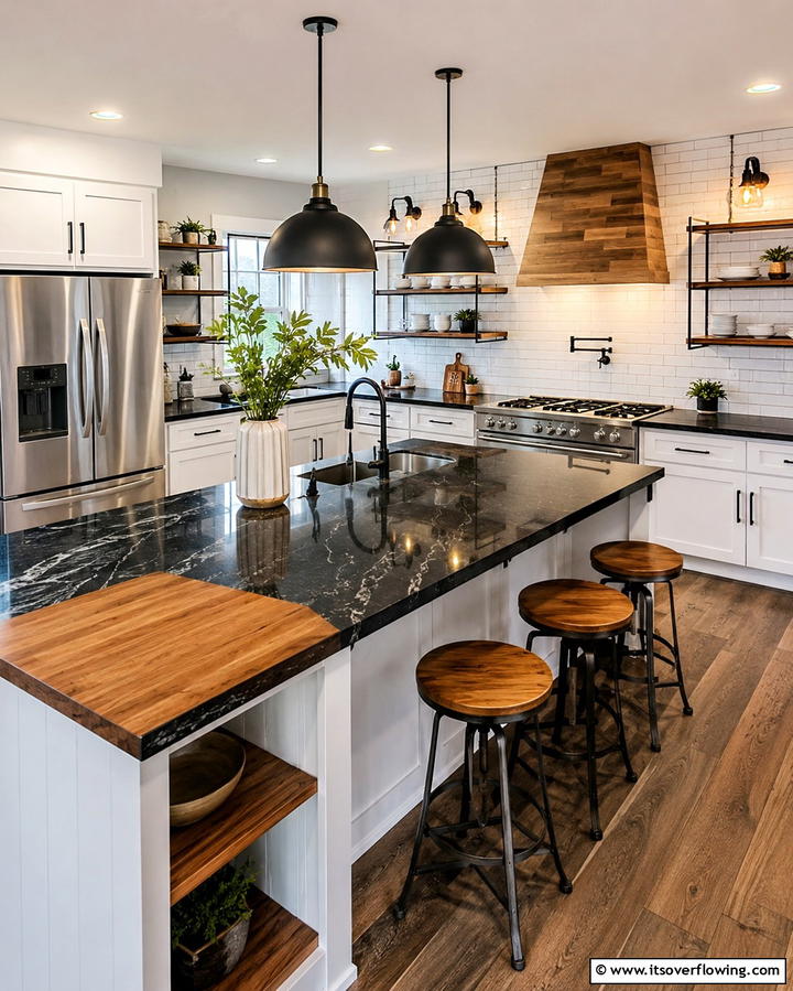 Mixed Material Countertops Featuring Black Accents - 25 Black Kitchen Countertops for a Bold Statement