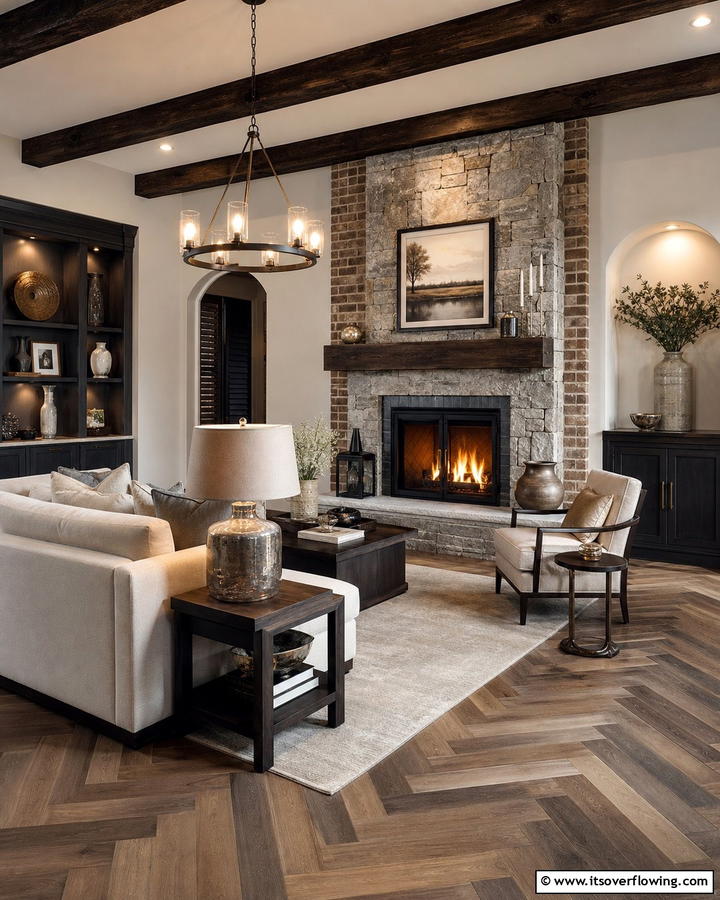 Mixed Material Elegance - 21 Rustic Brick Fireplace Ideas for Warm Living Rooms
