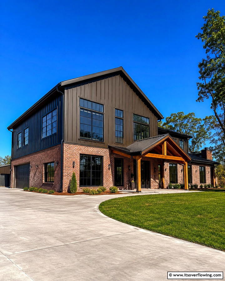 Mixed Material Facade with Brick and Metal - 30 Pole Barn & Barndominium Exterior Designs for Rustic Charm