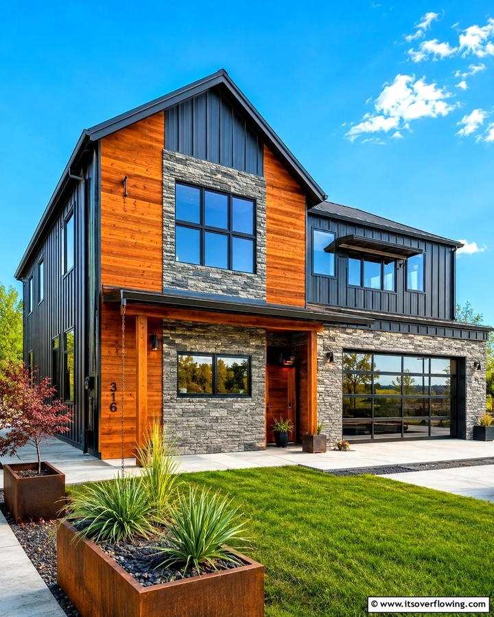 Mixed Material Facade - 30 Pole Barn & Barndominium Exterior Designs for Rustic Charm