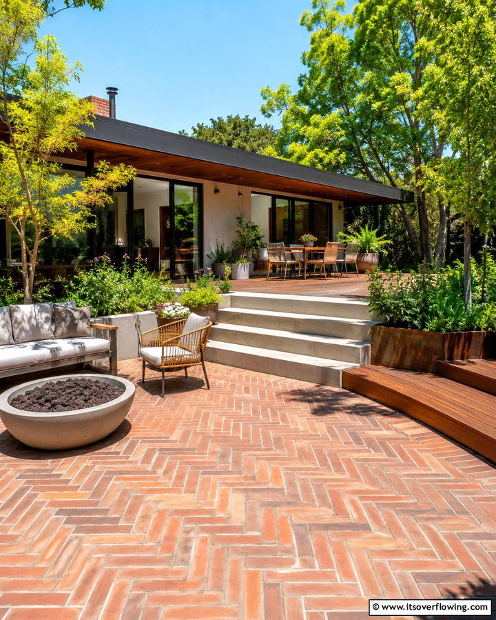 Mixed Material Herringbone Patio - 25 Herringbone Brick Patio Designs for a Classic Look