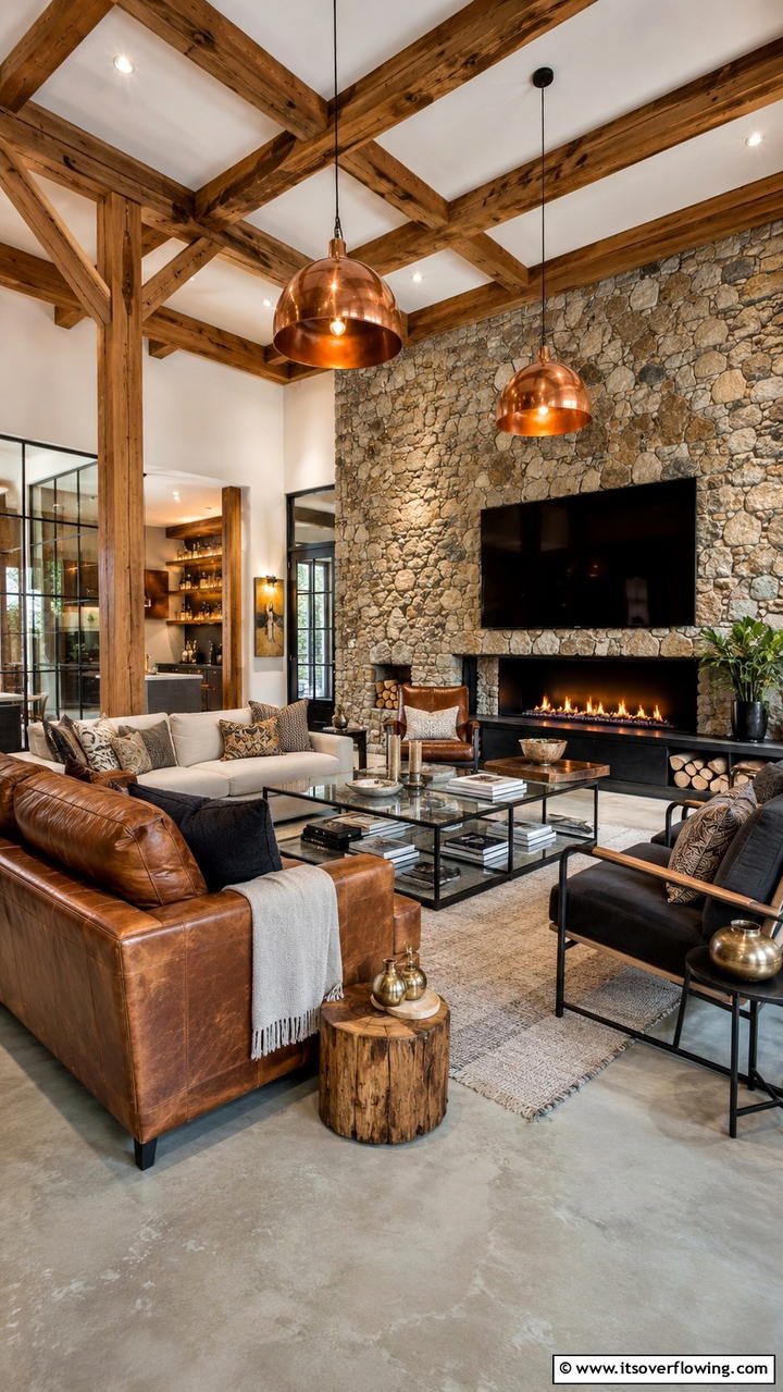 Mixed Material Magic - 30 Exposed Beam Living Room Ideas for Rustic Charm