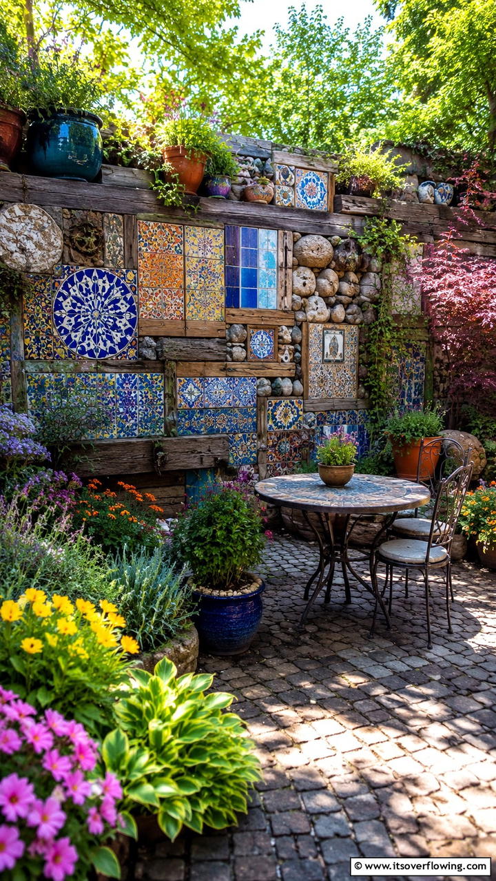 Mixed Material Mosaic - 30 Garden Wall Ideas for Vertical Planting and Privacy Screens