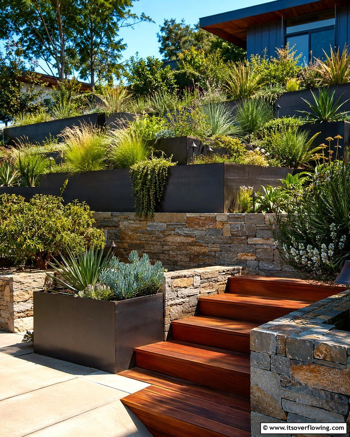 Mixed Material Terraces - 25 Terraced Garden Ideas for Sloped Landscapes