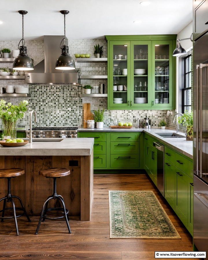 Mixed Material Vibrant Green Cabinets - 21 Green Kitchen Cabinet Ideas for a Vibrant Culinary Space