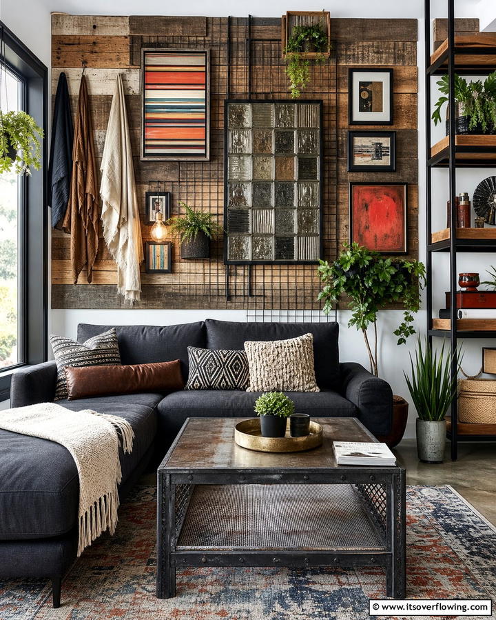 Mixed Material Wall Display - 30 Living Room Wall Decor Ideas to Elevate Your Space
