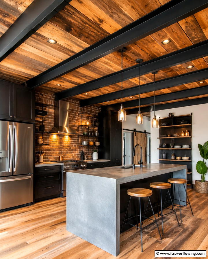 Mixed Material Wood Ceilings for a Unique Twist - 20 Wood Ceiling Kitchen Ideas for a Warm and Inviting Atmosphere