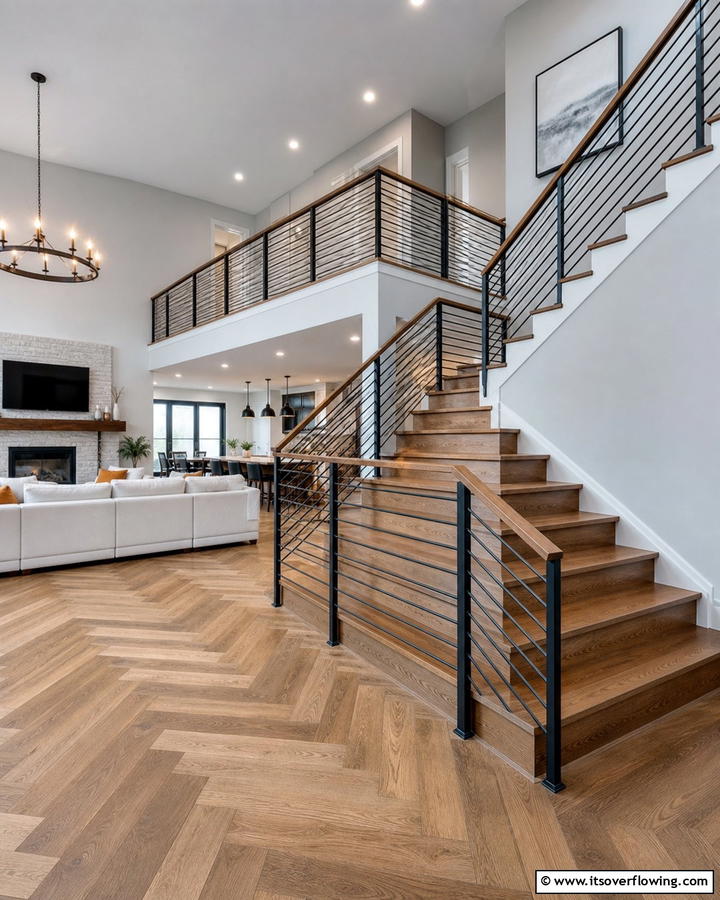 Mixed Material Wood and Metal Railing - 30 Wood Stair Railing Ideas for Warm Architectural Detail