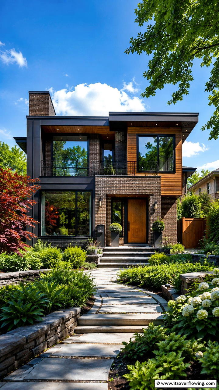 Mixed Materials Aesthetic - 30 Brown Brick Exterior Home Ideas for Timeless Curb Appeal