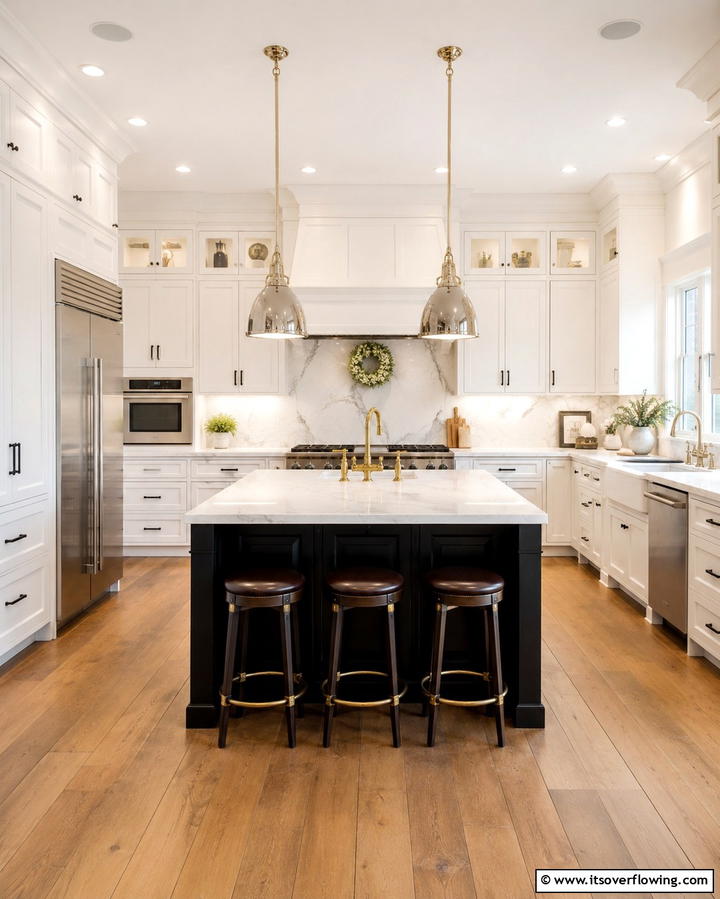 Mixed Metal Finishes - 20 White Kitchen Ideas With Black Island for Contrast