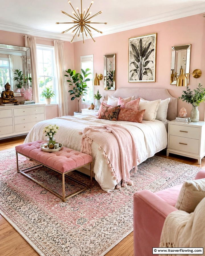 Mixed Metals with Soft Pastels - 30 Pink Boho Bedroom Ideas for a Chic and Cozy Retreat