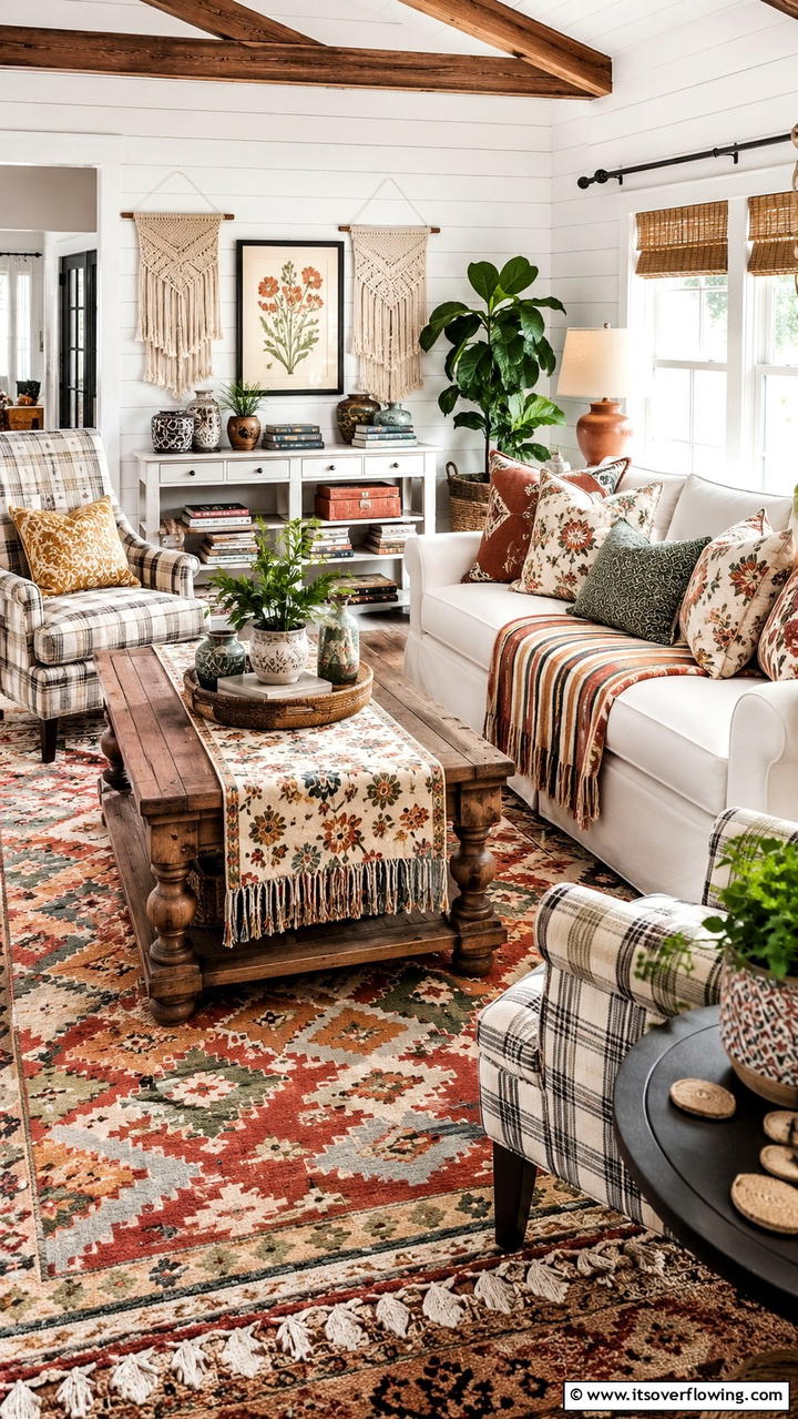 Mixed Pattern Farmhouse Decor - 30 Boho Farmhouse Decor Ideas for Eclectic Charm