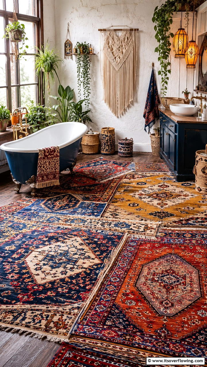 Mixed Pattern Rugs - 30 Boho Bathroom Ideas for Relaxed, Global-Inspired Style