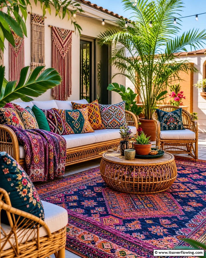 Mixed Patterns for Visual Interest - 25 Cozy Boho Patio Ideas for Relaxing Outdoor Spaces