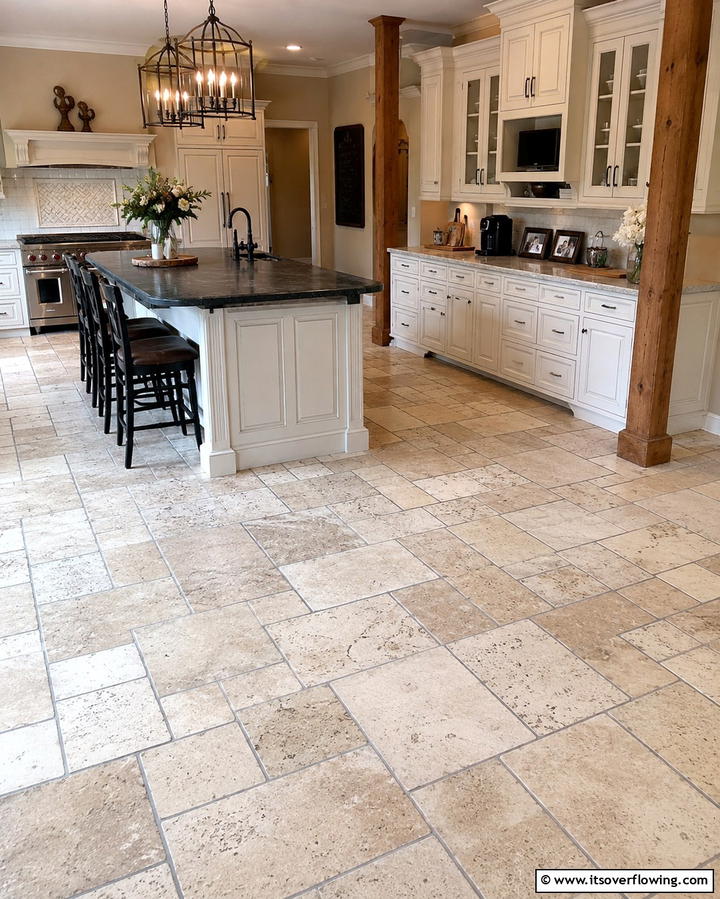 Mixed Size Tiles - 25 Travertine Floor Kitchen Ideas for Elegance