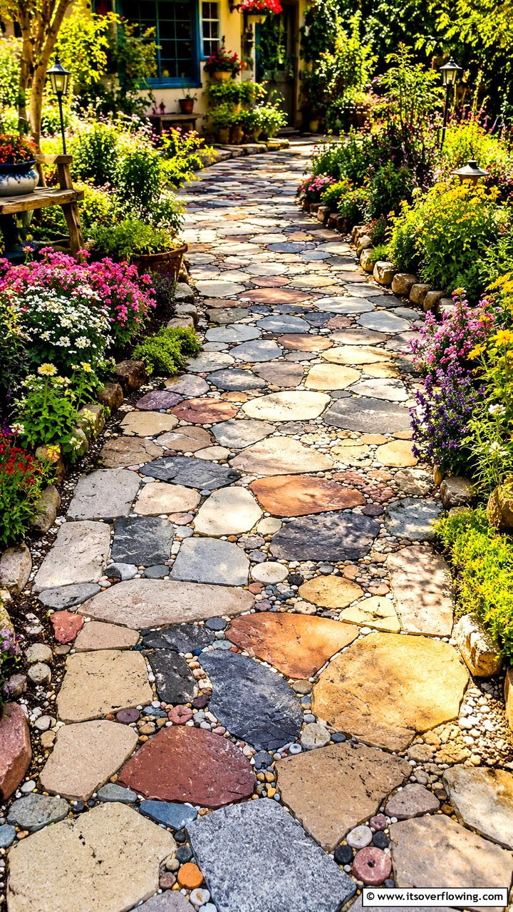 Mixed Stone Mosaic Walkway - 30 Flagstone Walkway Ideas for Charming Pathways