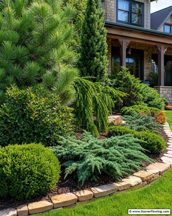 Mixed Texture Evergreen Garden - 30 Front Yard Evergreen Landscaping Ideas for Year-Round Beauty