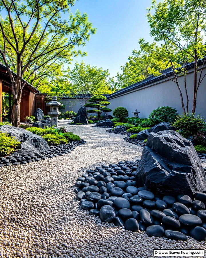 Mixed Texture Rock Landscape - 30 Natural Black River Rock Landscaping Ideas for Texture