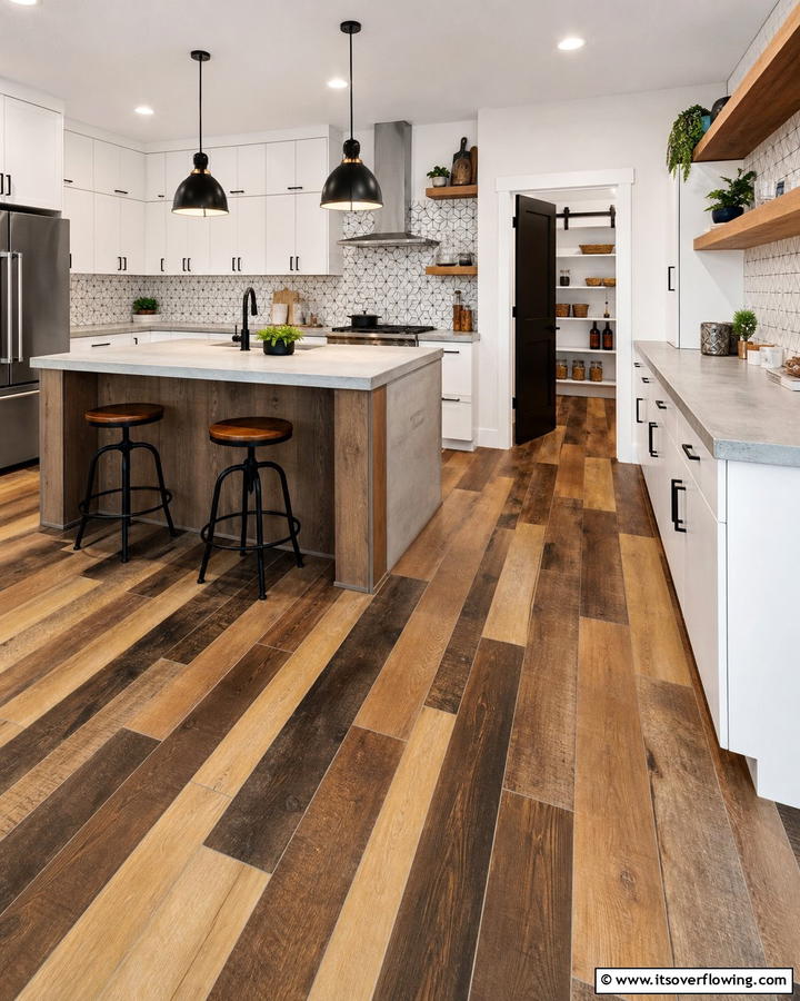Mixed Tone Wood Floors for Unique Style - 20 Kitchens With Wood Floors for a Warm and Inviting Feel