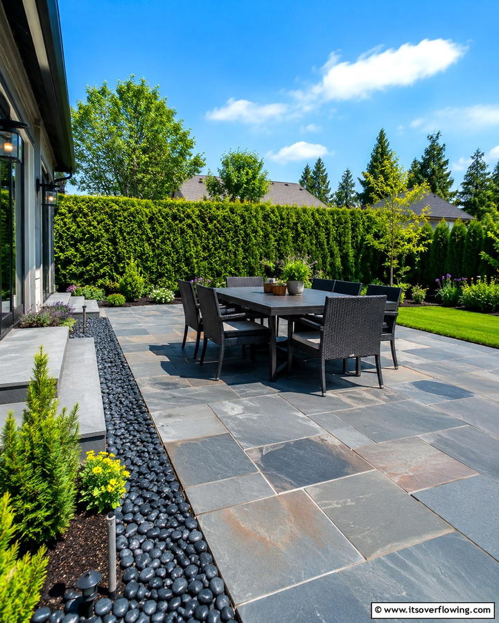 Mixed Use Patio Rock Design - 30 Natural Black River Rock Landscaping Ideas for Texture