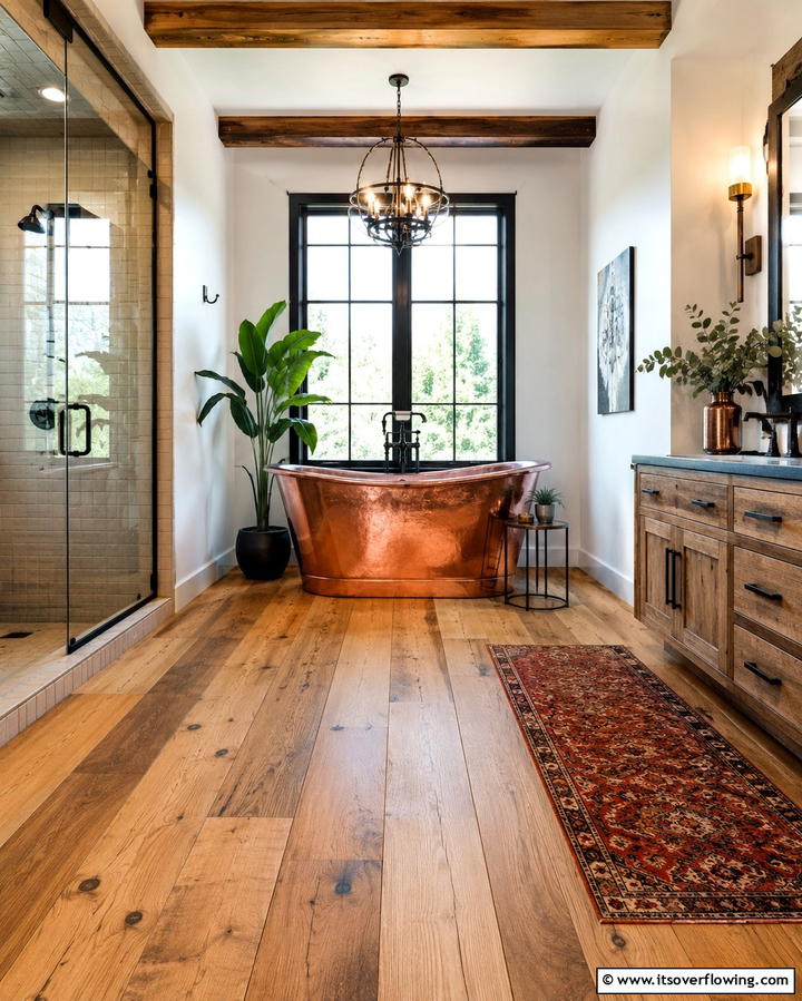 Mixed Width Planks for Visual Interest - 30 Wood Floor Ideas for Bathrooms- Warmth Meets Function