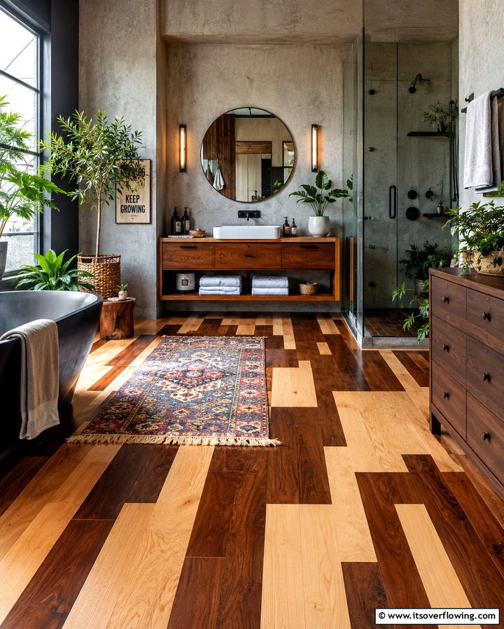 Mixed Wood Tones for a Unique Look - 30 Wood Floor Ideas for Bathrooms- Warmth Meets Function
