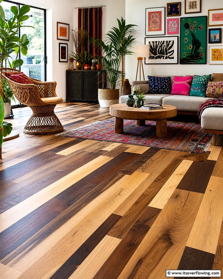 Mixed Wood Tones - 25 Living Room Wood Floor Ideas for a Warm Ambiance