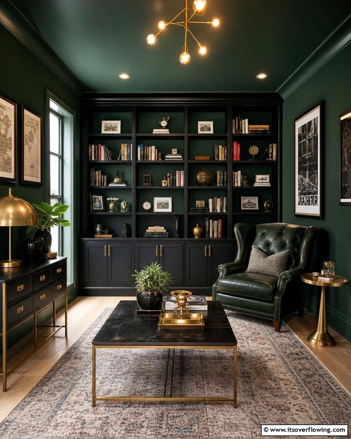Mixing Dark Green with Black Accents for a Bold Look - 20 Dark Green Home Library Ideas and Inspiration