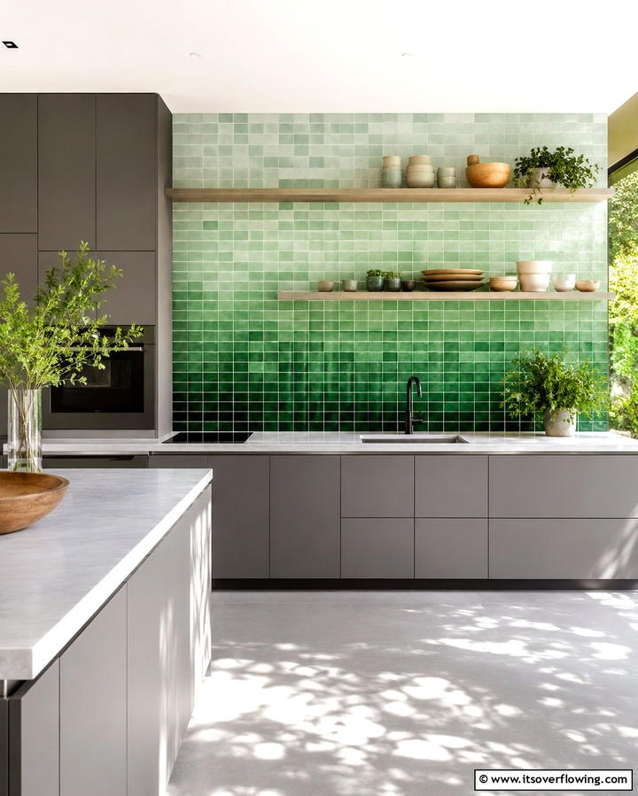 Mixing Greens in a Gradient Design - 25 Chic Kitchen With Green Backsplash Ideas