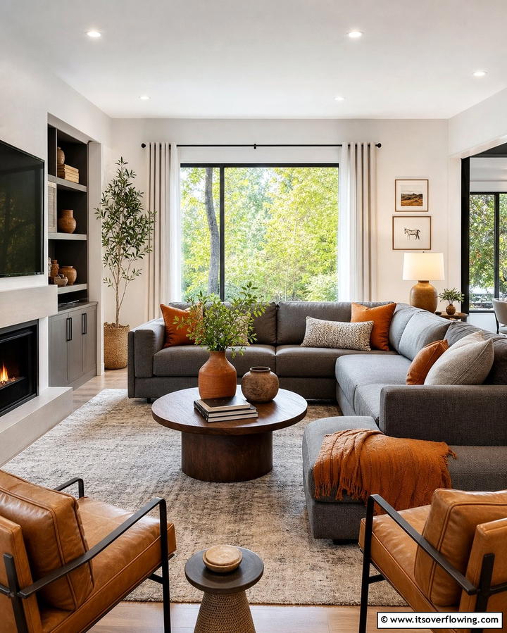 Mixing Grey with Warm Tones - 25 Grey Sectional Living Room Ideas for Modern Homes