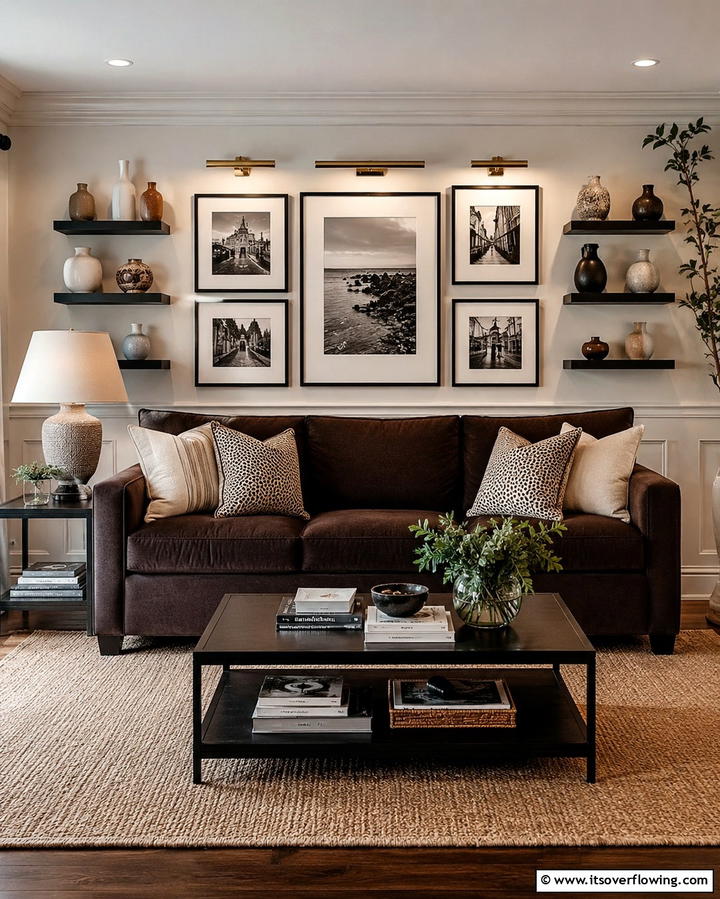 Mixing Modern and Traditional Elements - 30 Warm Dark Brown Couch Styling Ideas for Cozy Living Rooms