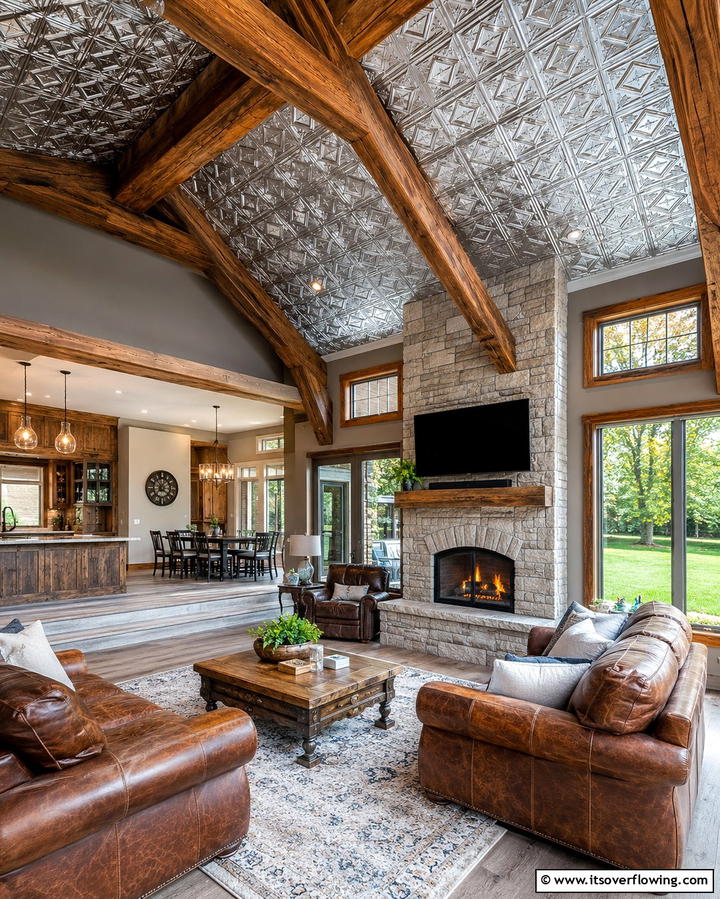 Mixing Tin Ceilings with Wooden Beams - 25 Tin Ceiling Ideas for a Vintage Touch