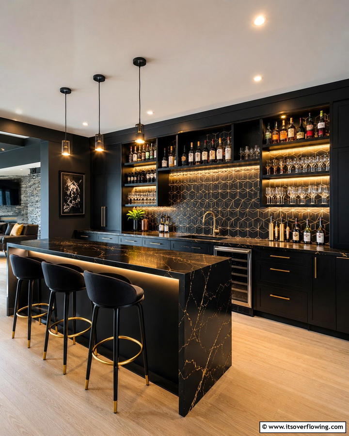 Modern Black Bar Area - 30 Black Basement Design Ideas for a Modern & Cozy Space