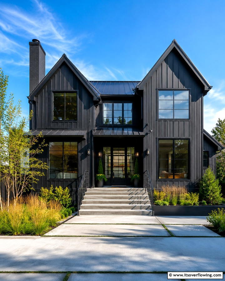 Modern Black Exterior with Industrial Touches - 25 Black Modern Farmhouse Exterior Design Ideas