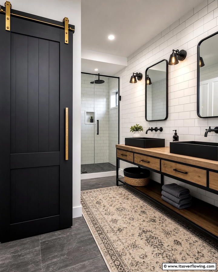 Modern Black Finish - 20 Bathroom Barn Door Ideas for Space Saving