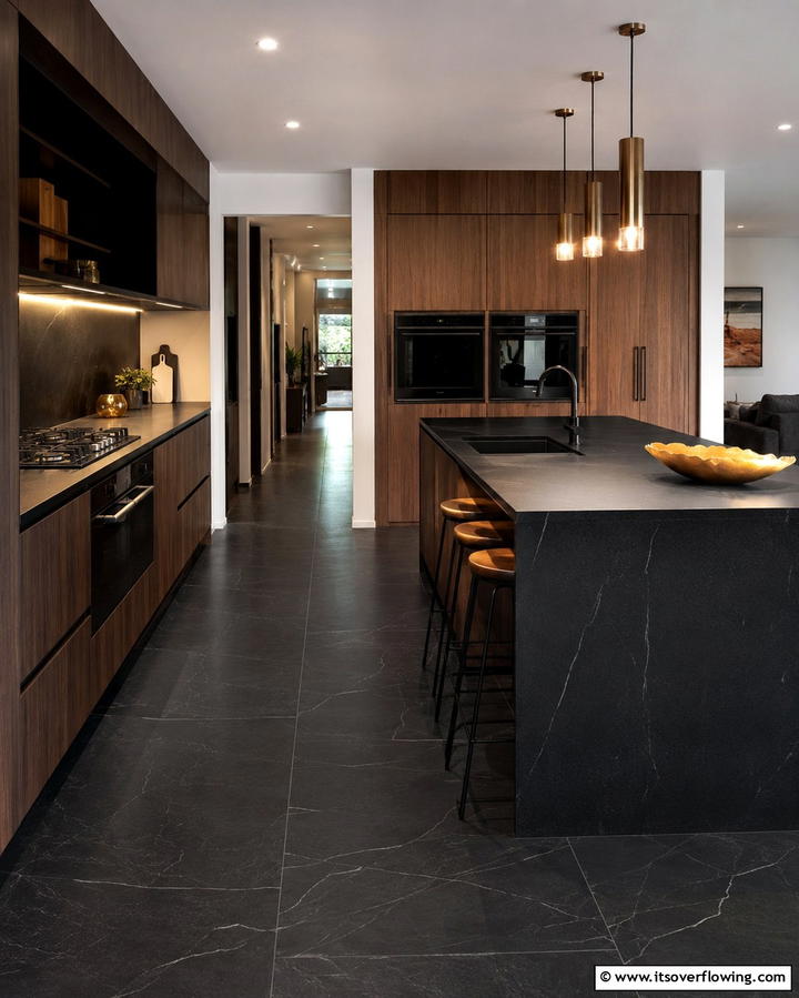 Modern Black Floor with Warm Accents - 30 Sleek Black Floor Kitchen Ideas for Contemporary Designs