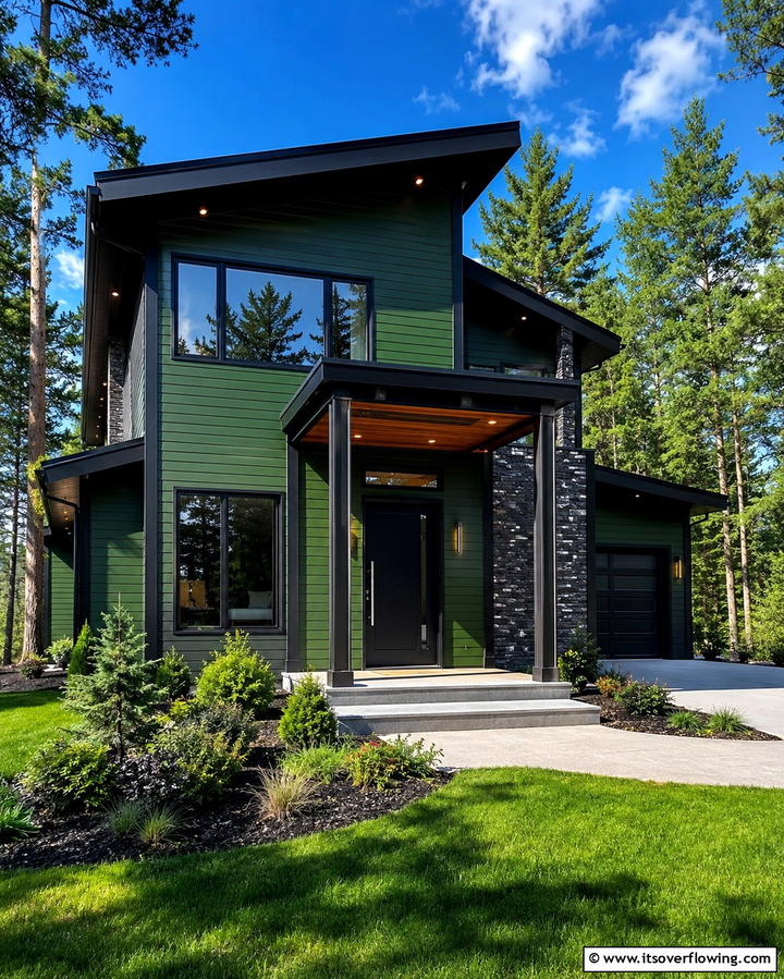 Modern Black and Green Pairing - 30 Stunning Dark Green Exterior House Designs for Curb Appeal