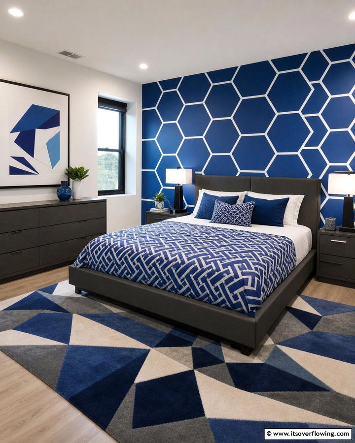 Modern Blue Geometric Patterns - 21 Serene Blue Bedroom Ideas for Calming Atmospheres